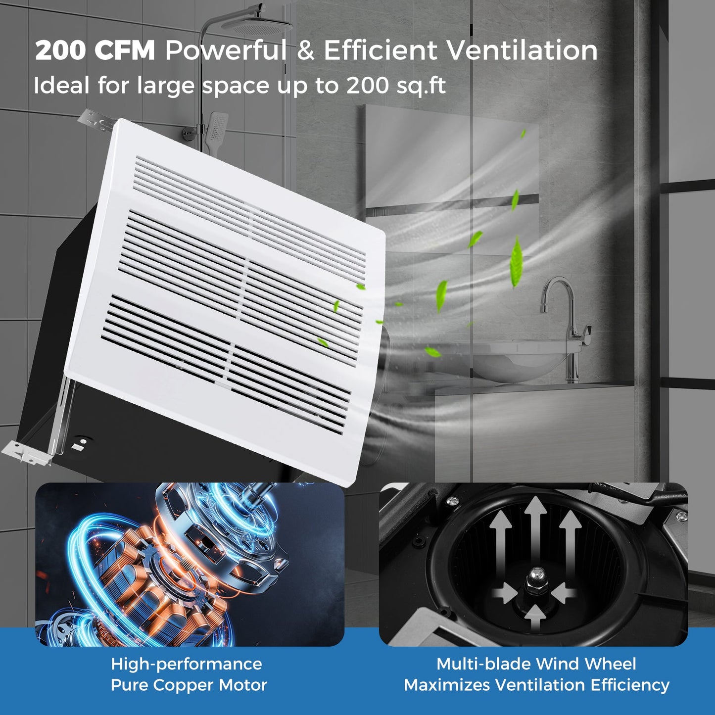 Ventilador extractor de baño de 200 CFM con carcasa metálica y conducto de 6 pulgadas para 200 pies cuadrados