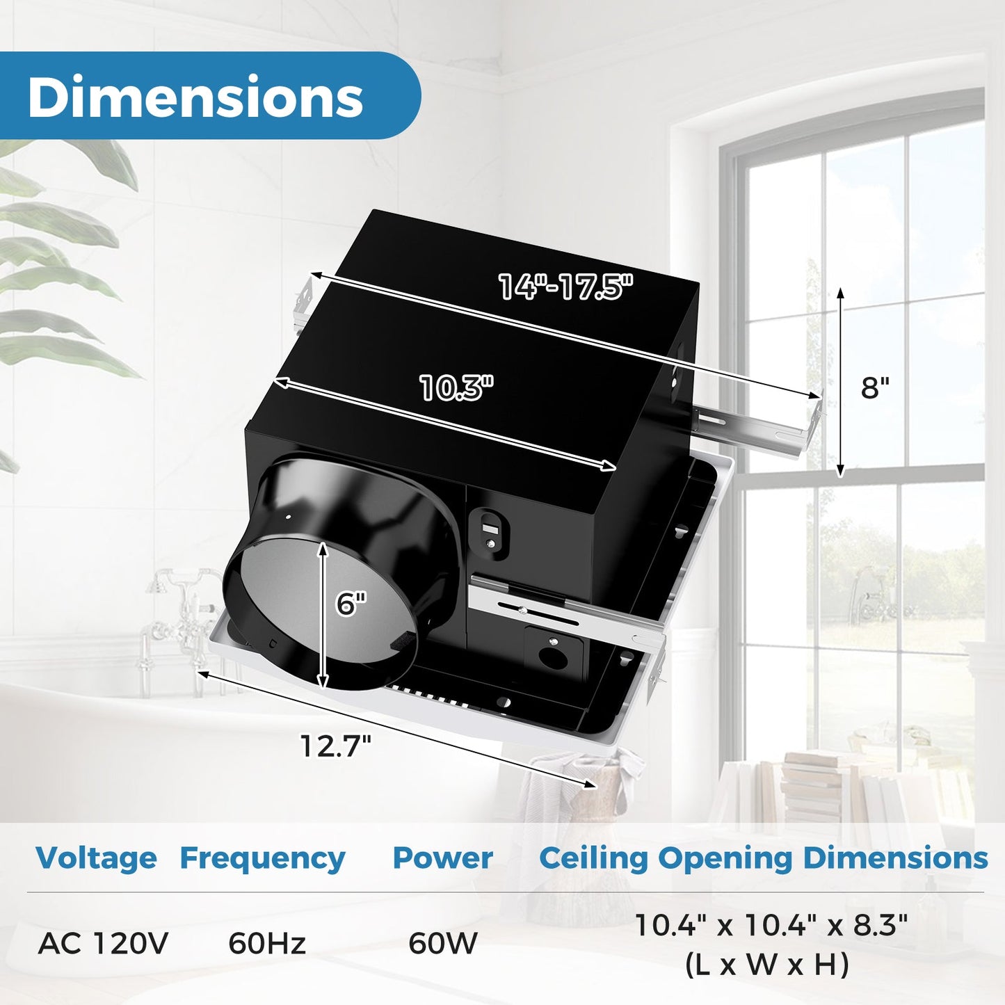 Ventilador extractor de baño de 200 CFM con carcasa metálica y conducto de 6 pulgadas para 200 pies cuadrados