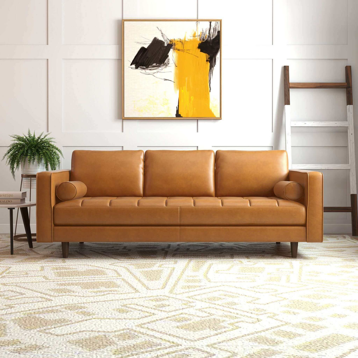 Catherine Sofa by HouseOfZazla in tan leather with bolster arm cushions on Tampa Home & Garden Store