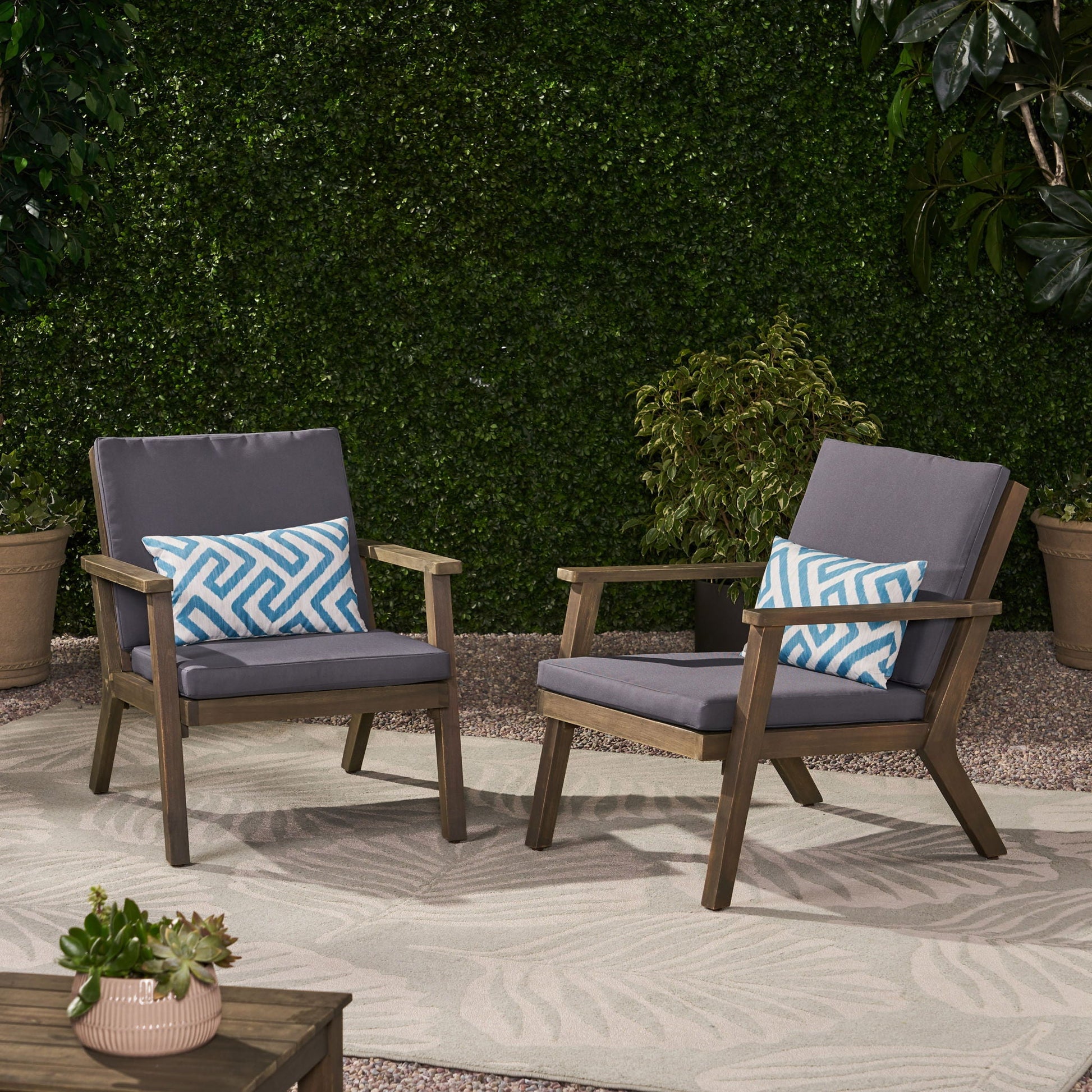 Outdoor Club Chair With Cushion, 2 gray cushioned chairs, blue chevron pillows HouseOfZazla on Tampa Home & Garden Store
