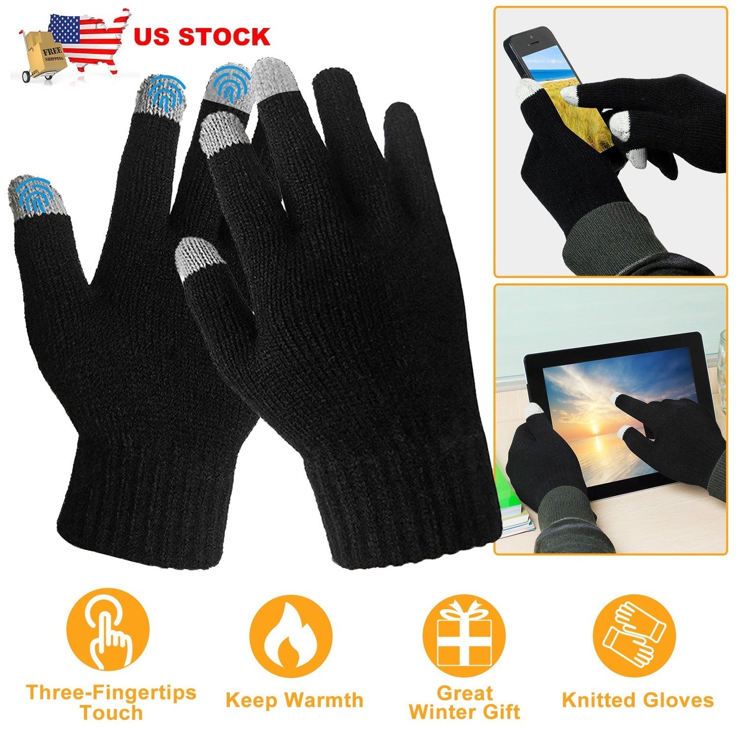 GemGear unisex touch screen gloves black knit with silver touchscreen tips for warmth on Tampa Home & Garden Store