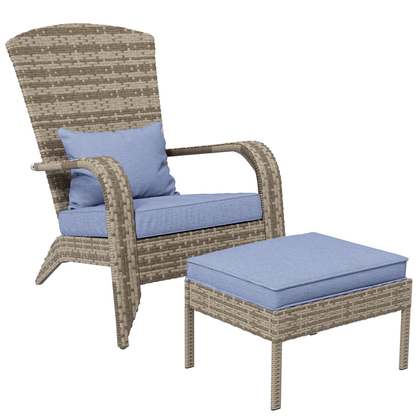 2-piece wicker Adirondack chair with ottoman in tan with blue cushions by HouseOfZazla on Tampa Home & Garden Store