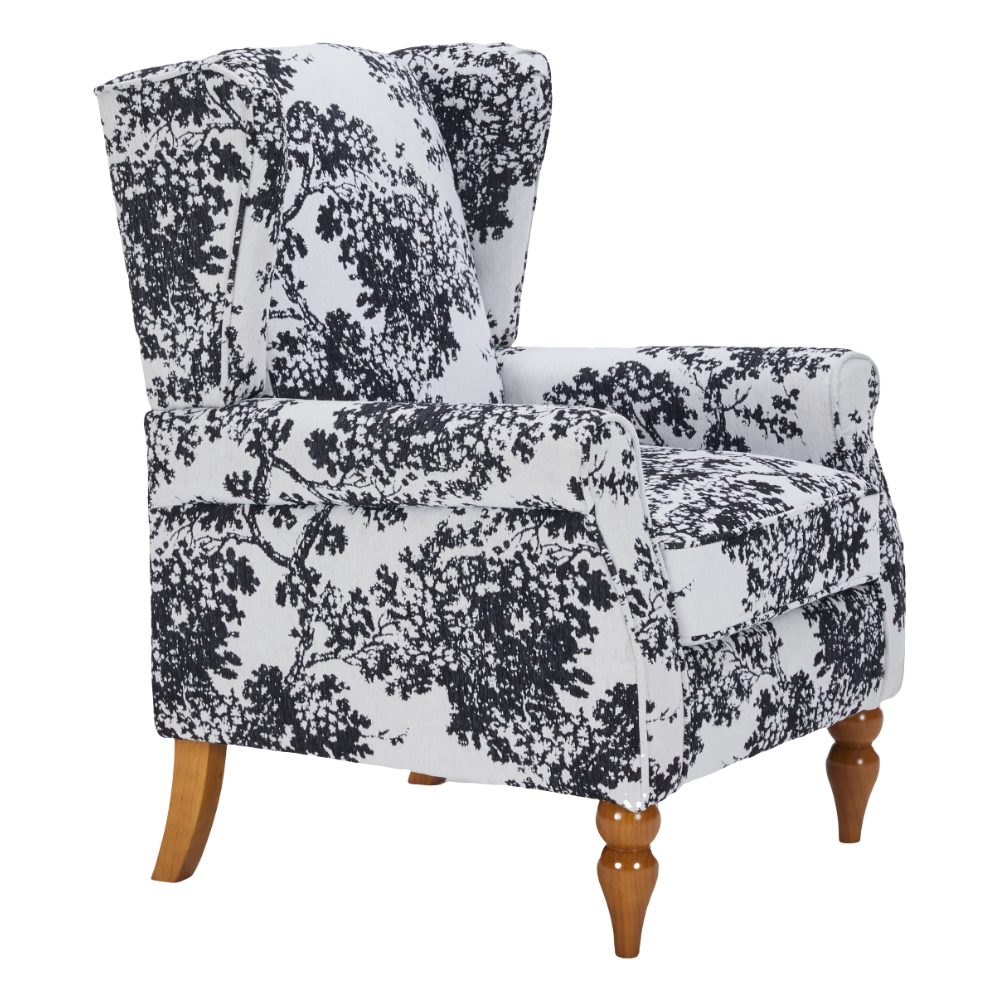 Accent armchair with black white botanical upholstery and wooden legs HouseOfZazla on Tampa Home & Garden Store