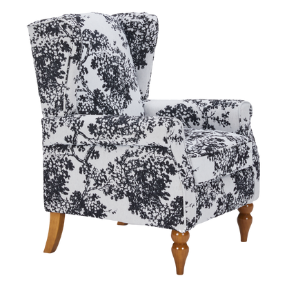 Accent armchair with black white botanical upholstery and wooden legs HouseOfZazla on Tampa Home & Garden Store