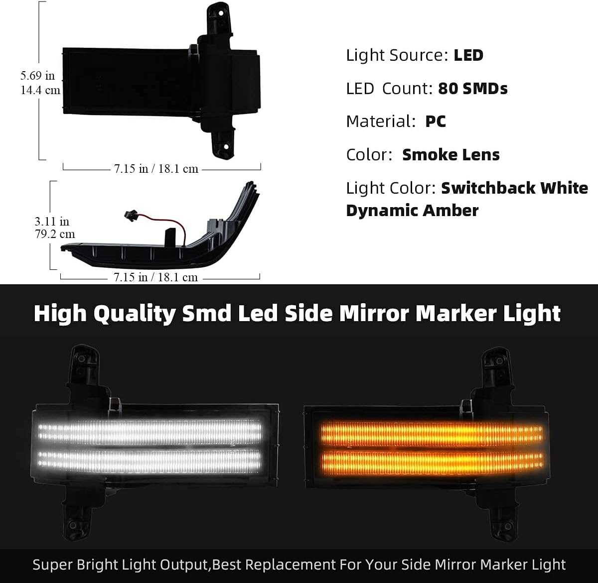 Smoked switchback LED mirror light pair for 2014–2019 GMC Sierra Silverado; white amber, 80 SMDs on Tampa Home & Garden Store