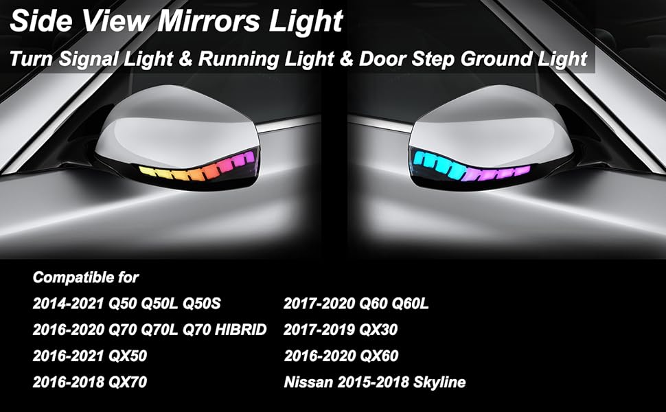 Infiniti Q50 Flow Series RGB LED bumper lights for side mirrors by AutoLEDTech.com on Tampa Home & Garden Store