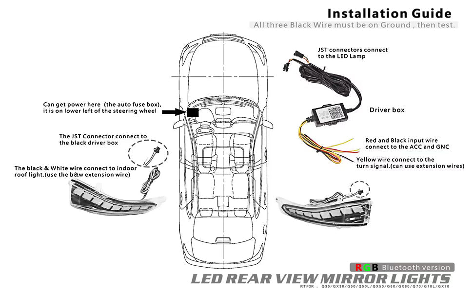 Infiniti Q50/Q60/Q70 RGB LED side mirror lights with turn signals; JST connectors included on Tampa Home & Garden Store
