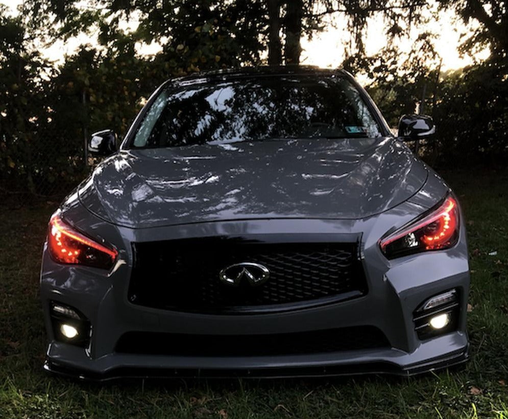 Infiniti Q50 RGBW Flow Series LED DRL boards by AutoLEDTech.com on gray sedan front grille on Tampa Home & Garden Store