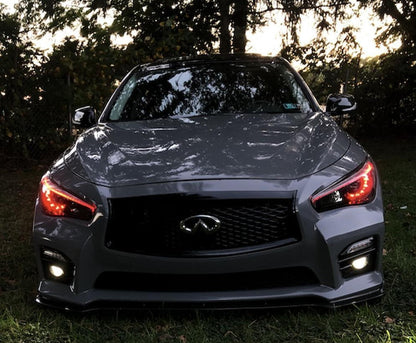 Infiniti Q50 RGBW Flow Series LED DRL boards by AutoLEDTech.com on gray sedan front grille on Tampa Home & Garden Store