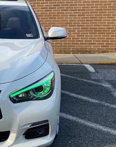 Infiniti Q50 RGBW Flow Series LED DRL boards, white car with green headlight glow on Tampa Home & Garden Store
