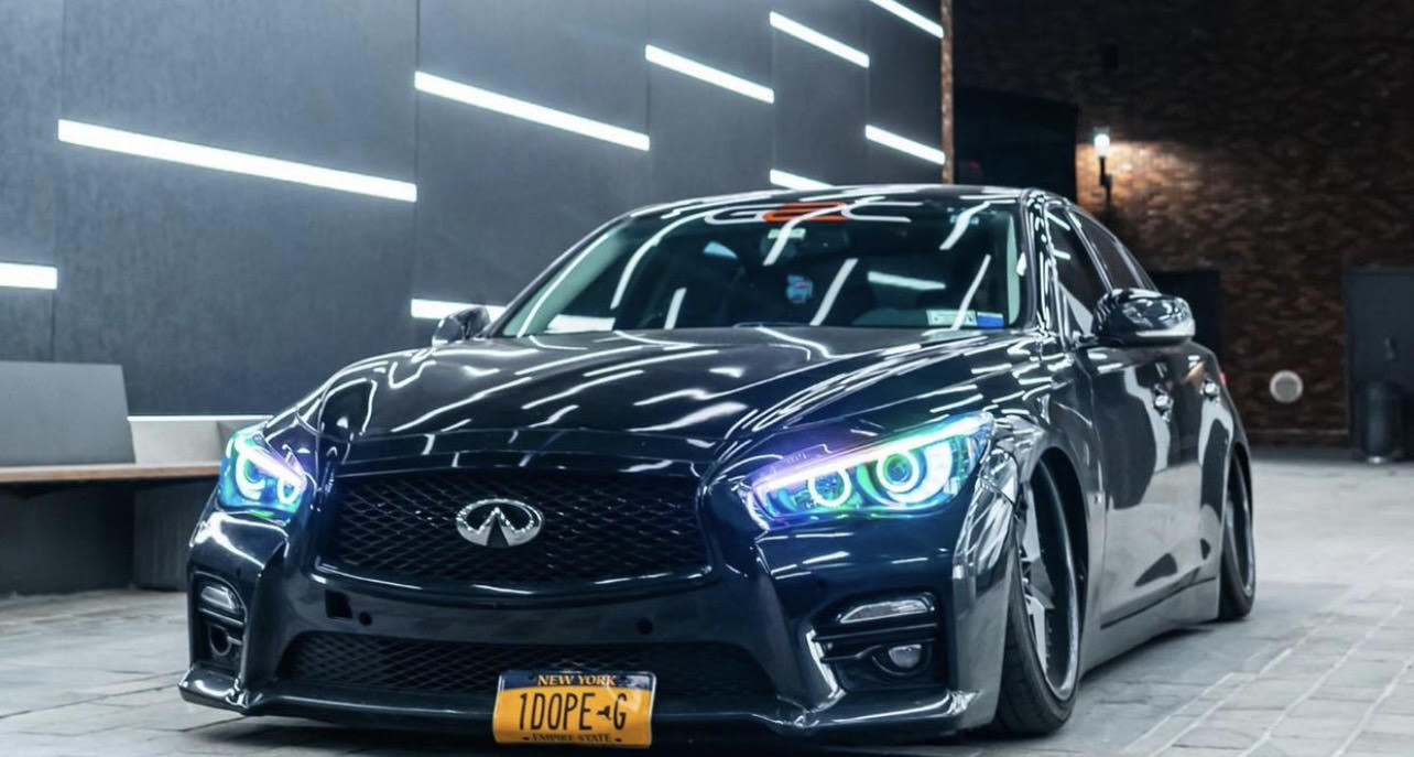 Infiniti Q50 RGBW Flow Series LED DRL boards by AutoLEDTech.com, black sedan with RGBW LEDs on Tampa Home & Garden Store