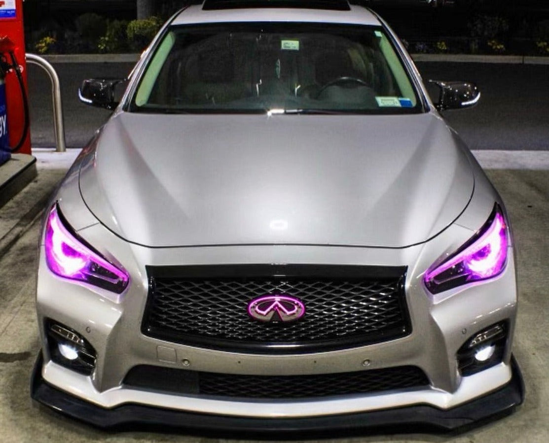 Infiniti Q50 RGBW Flow Series LED DRL boards, front view with purple DRLs, AutoLEDTech.com on Tampa Home & Garden Store