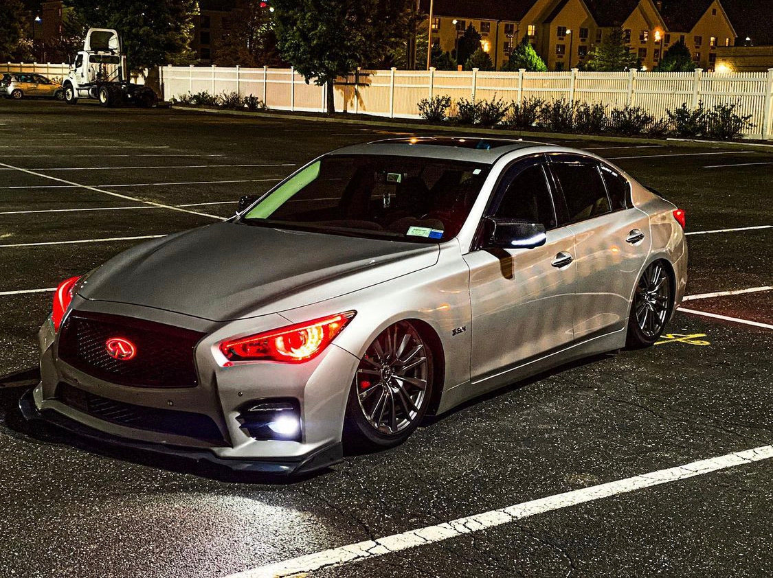 Infiniti Q50 RGBW Flow Series LED DRL boards on a silver sedan with red headlights on Tampa Home & Garden Store
