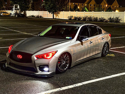 Infiniti Q50 RGBW Flow Series LED DRL boards on a silver sedan with red headlights on Tampa Home & Garden Store