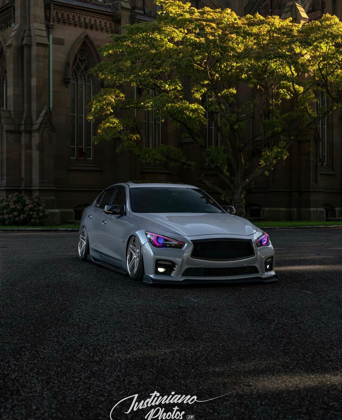 Infiniti Q50 RGBW Flow Series LED DRL Boards, silver sedan with purple accents on Tampa Home & Garden Store
