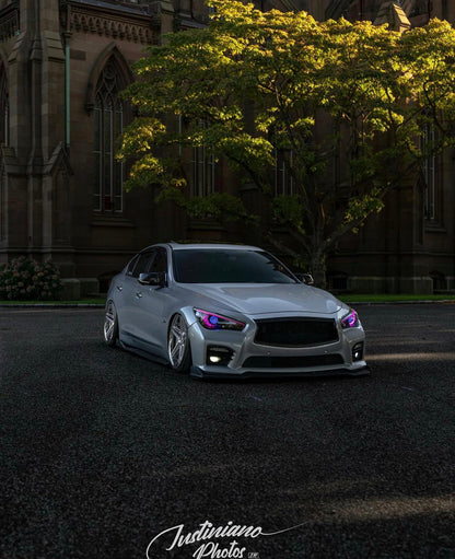 Infiniti Q50 RGBW Flow Series LED DRL Boards, silver sedan with purple accents on Tampa Home & Garden Store