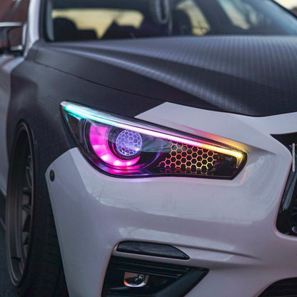 Infiniti Q50 RGBW Flow Series LED DRL boards by AutoLEDTech.com with multicolor halo headlights on Tampa Home & Garden Store