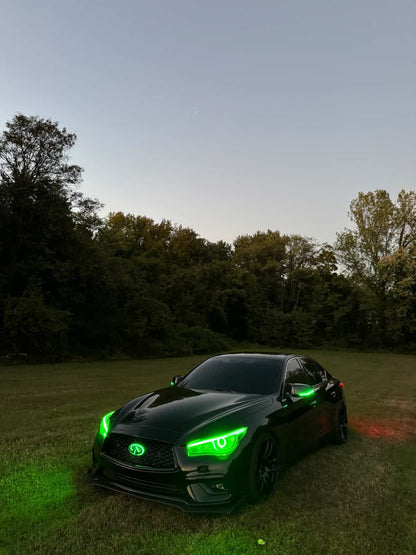 Infiniti Q50 RGBW Flow Series LED DRL boards by AutoLEDTech.com; black sedan with vivid green LED DRL accents on Tampa Home & Garden Store