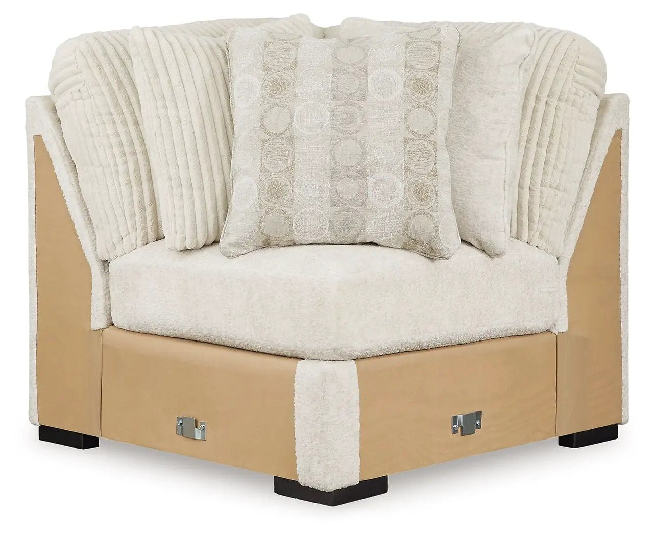 Chessington stationary sectional in ivory boucle fabric with tan base and plush cushions on Tampa Home & Garden Store