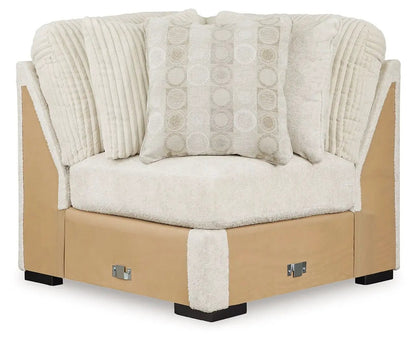 Chessington stationary sectional in ivory boucle fabric with tan base and plush cushions on Tampa Home & Garden Store
