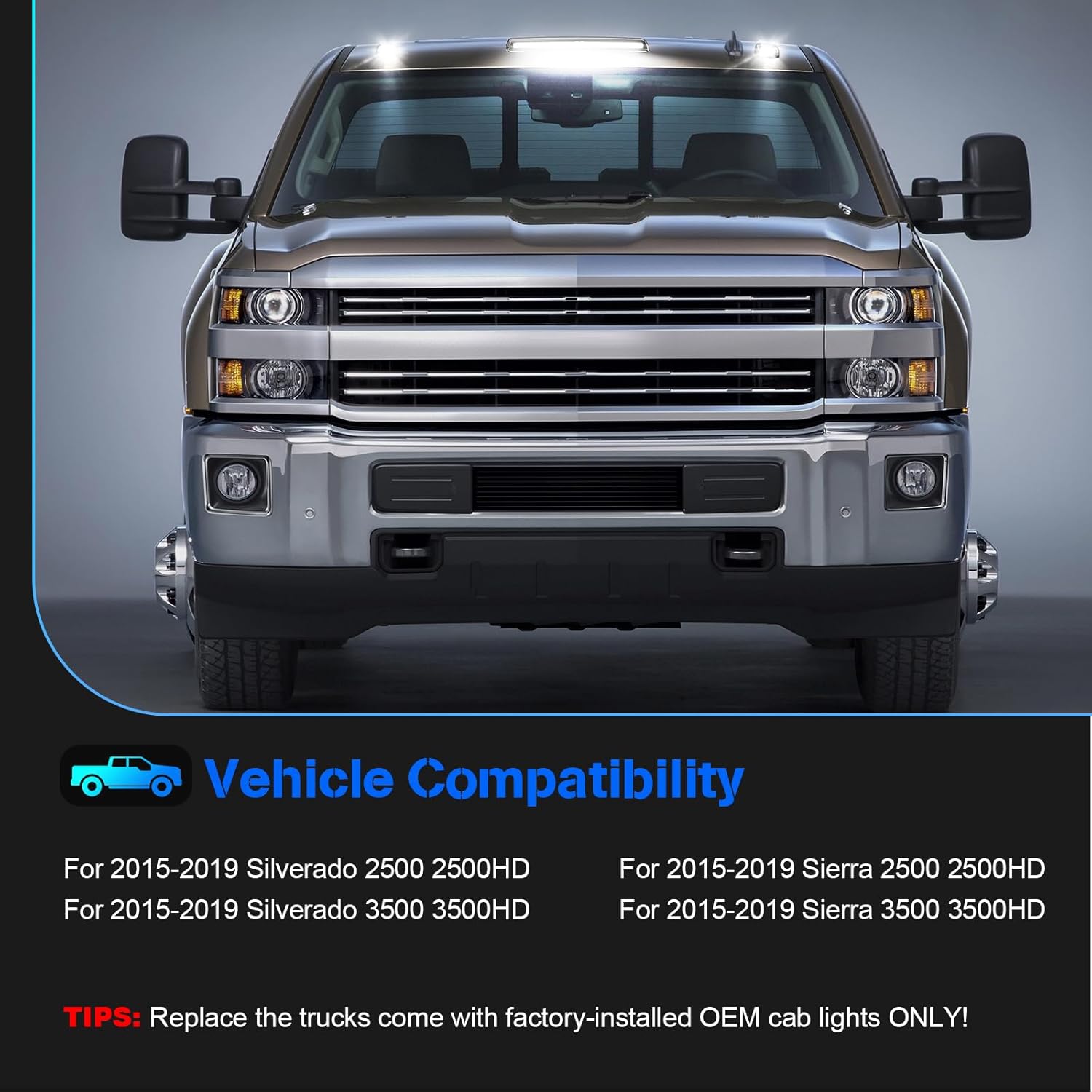 Smoked white amber LED roof cab lights for 2015–2019 GMC Chevy HD on silver pickup truck on Tampa Home & Garden Store