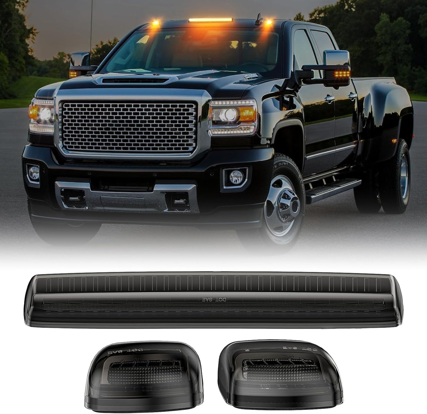 AutoLEDTech.com 2015-2019 GMC HD smoked white amber LED roof cab lights with bar and lenses on black truck on Tampa Home & Garden Store