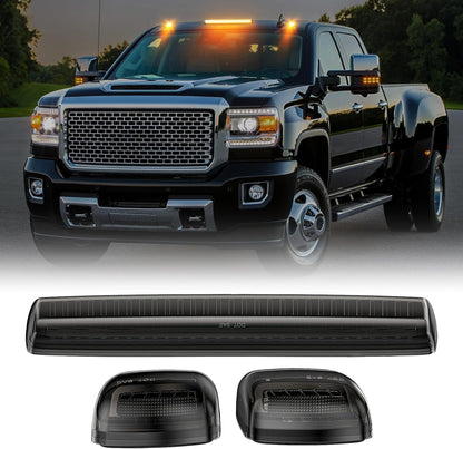 AutoLEDTech.com 2015-2019 GMC HD smoked white amber LED roof cab lights with bar and lenses on black truck on Tampa Home & Garden Store
