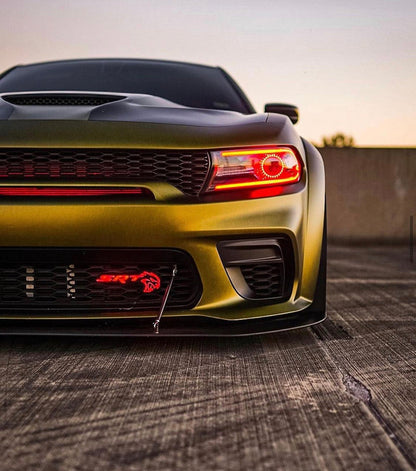SRT Hellcat RGBW Flow LED badge emblem by AutoLEDTech.com on front grille with red glow on Tampa Home & Garden Store
