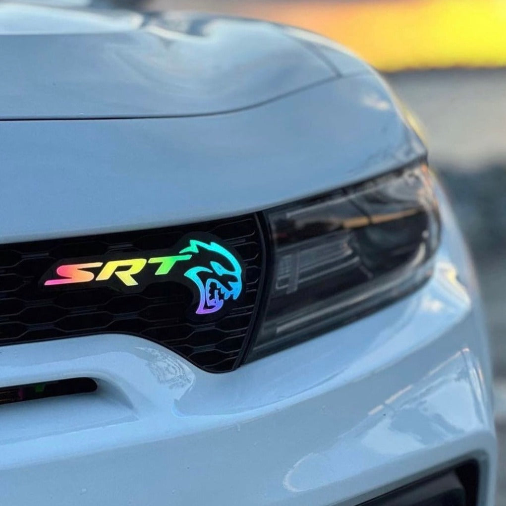 SRT Hellcat RGBW Flow Series LED badge emblem on grille with rainbow logo by AutoLEDTech.com on Tampa Home & Garden Store