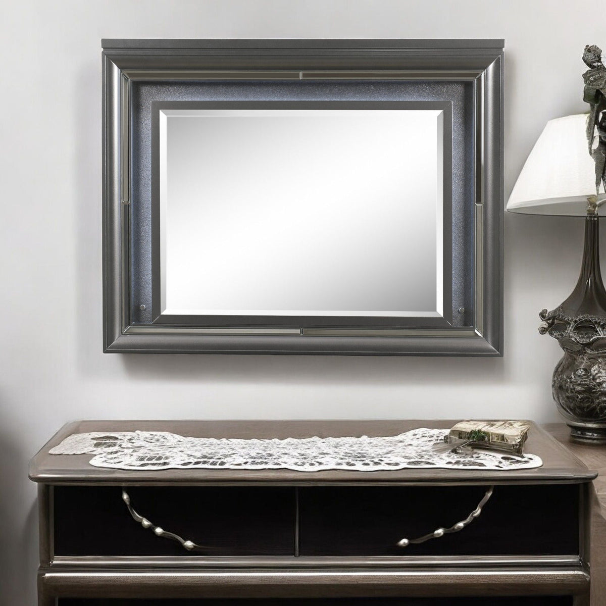 Sawyer metallic mirror with LED lighting in dark gray frame by HouseOfZazla on Tampa Home & Garden Store