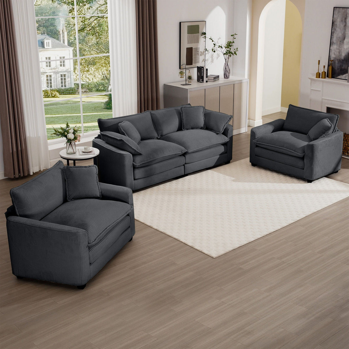 Elegant oversized sectional sofa set, 3-piece in dark gray fabric with deep seats HouseOfZazla on Tampa Home & Garden Store