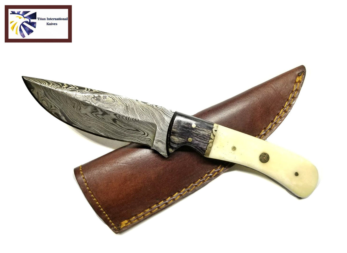 Damascus steel hunting knife TD-172 Titan with cream bone handle and leather sheath on Tampa Home & Garden Store