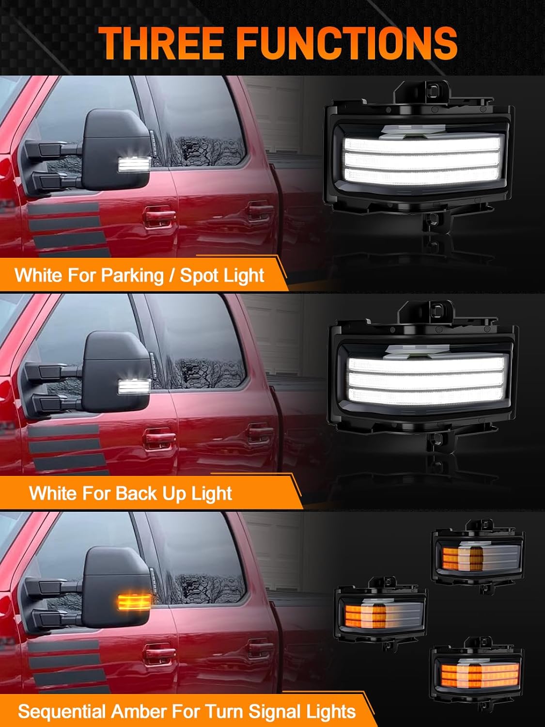 Ford F-250 smoked white amber LED mirror lights by AutoLEDTech.com with turn/parking/backup on Tampa Home & Garden Store