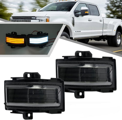 Ford F-250 smoked white amber LED mirror lights by AutoLEDTech.com, dual-color amber/white interior exterior lighting on Tampa Home & Garden Store