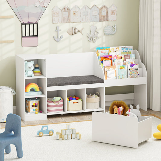 Kids Bookcase with Reading Nook 4-in-1 Standing Toy Organizer-White - Tampa Home & Garden Store