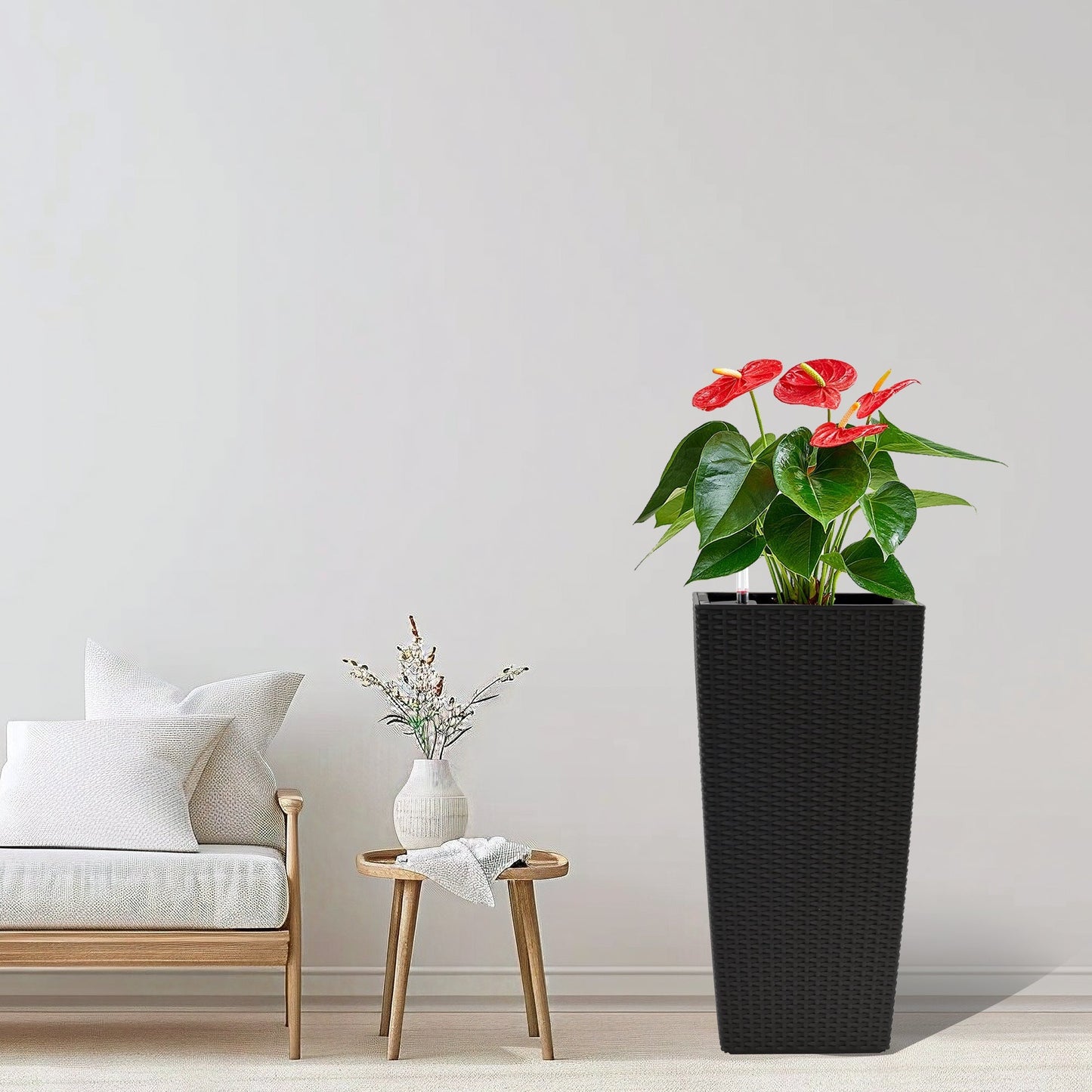 Pack of 2 square planters with automatic watering system, black woven texture by HouseOfZazla on Tampa Home & Garden Store
