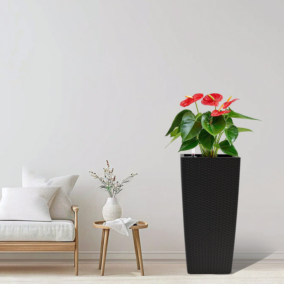 Pack of 2 square planters with automatic watering system, black woven texture by HouseOfZazla on Tampa Home & Garden Store