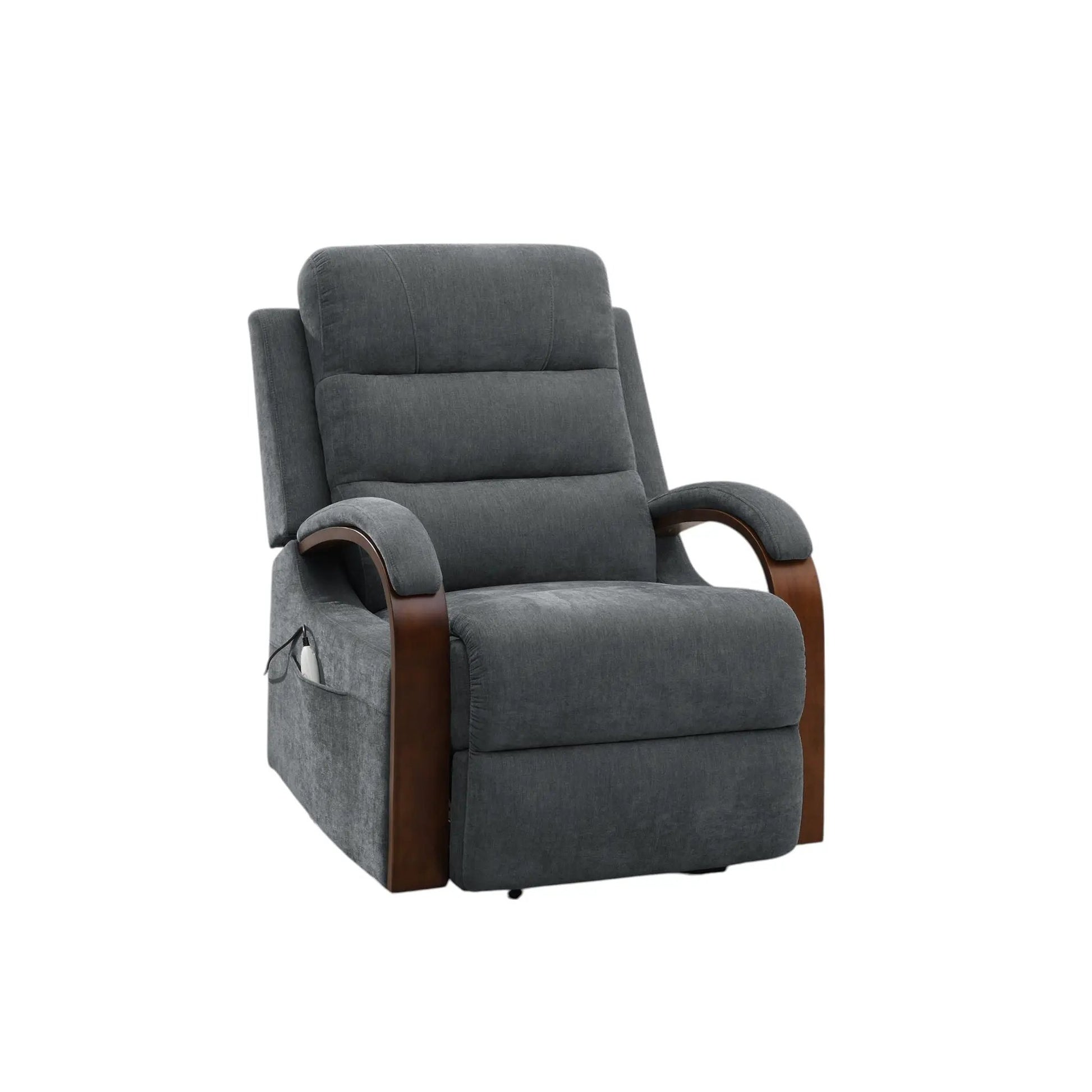 Kayla gray power lift recliner with wooden curved arms in plush fabric on Tampa Home & Garden Store
