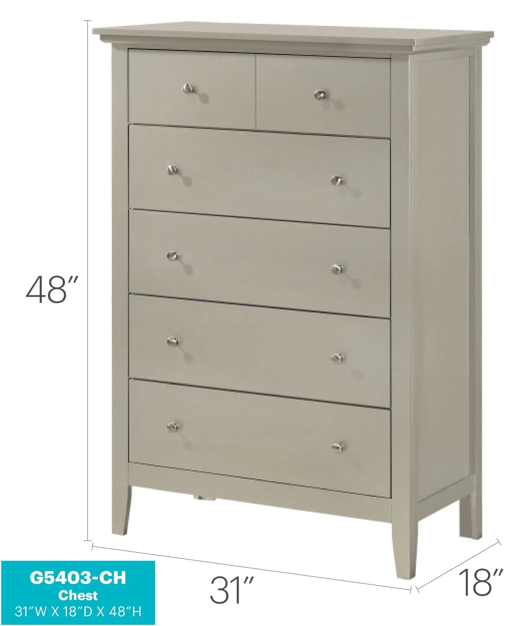 Hammond accent chest by Unique Piece Furniture, tall light-gray dresser with chrome knobs on Tampa Home & Garden Store