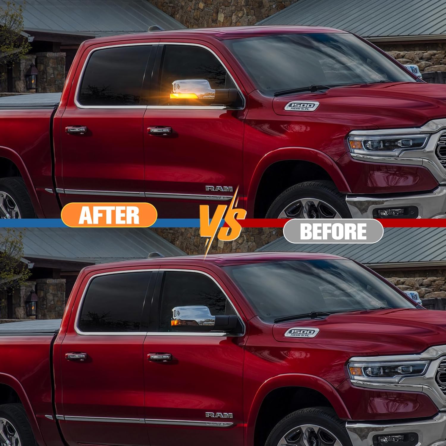 2019-2024 Ram 1500 & TRX Clear Smoked Amber Scanning LED Mirror Lights on red Ram pickup, dual views on Tampa Home & Garden Store