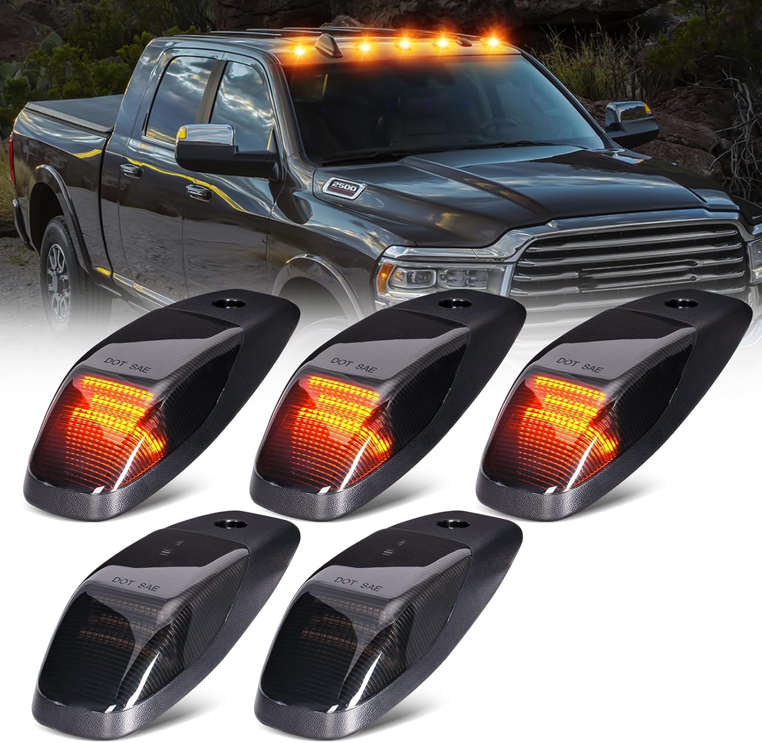 2019-2026 Ram HD clear smoked white amber LED roof cab lights set of six on Tampa Home & Garden Store