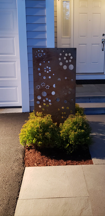 Metal privacy screen by Rustica Ornamentals with circular cutouts, 46in tall outdoor decor on Tampa Home & Garden Store