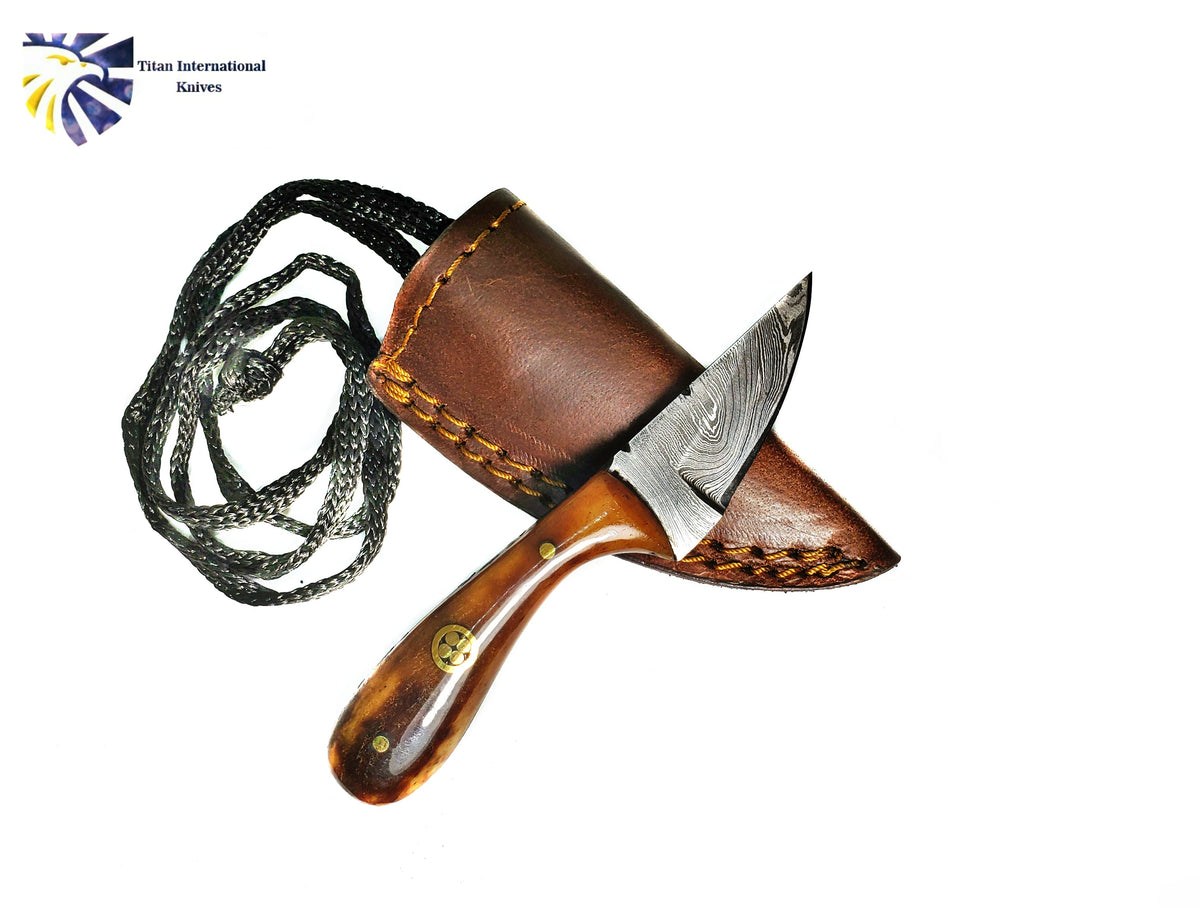 Damascus Steel Neck Knife TD-222 by Titan International K, brown wood handle, leather sheath on Tampa Home & Garden Store