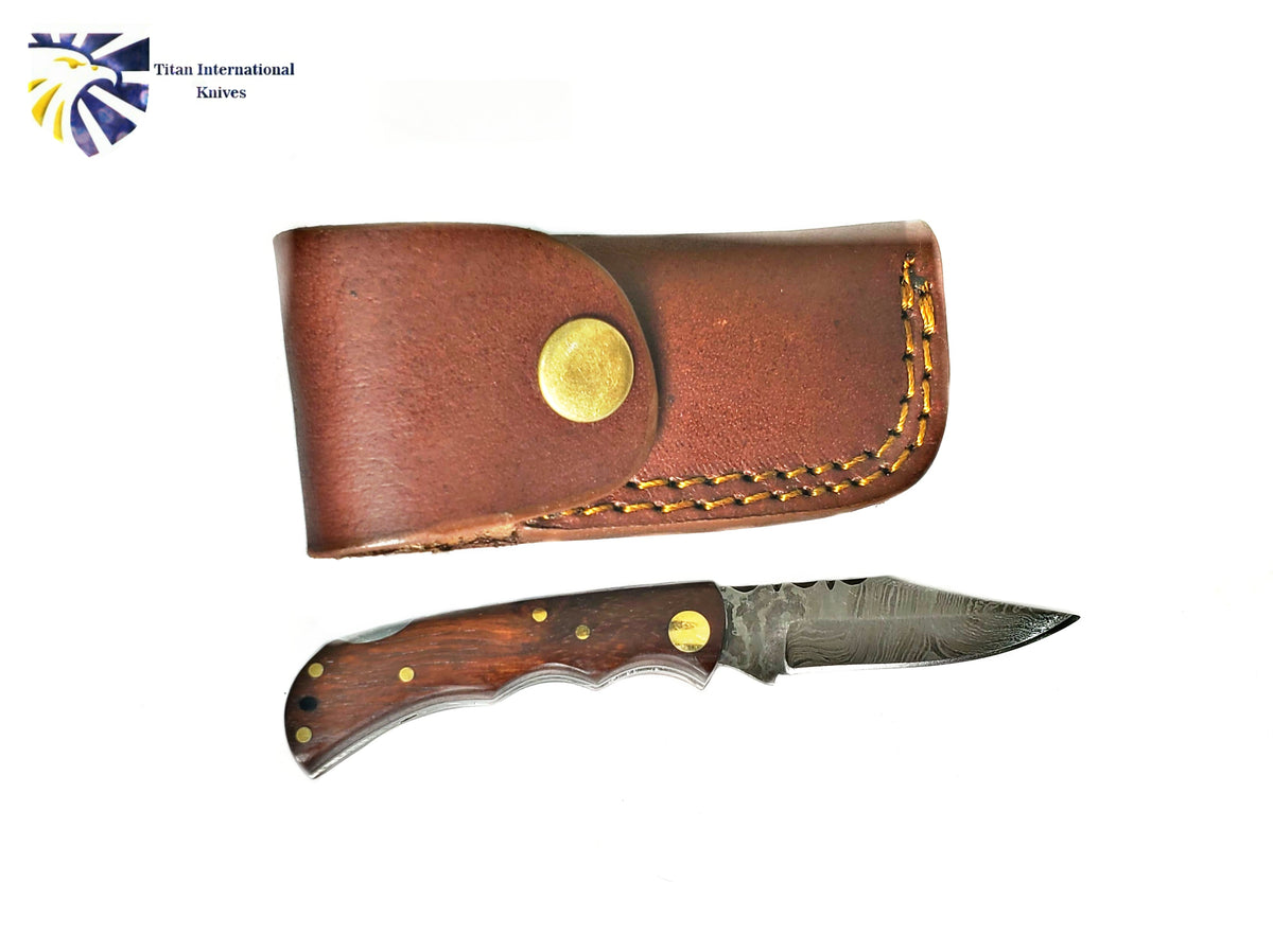 TF-003 Damascus knife with wood handle in brown leather sheath by Titan International Knives on Tampa Home & Garden Store