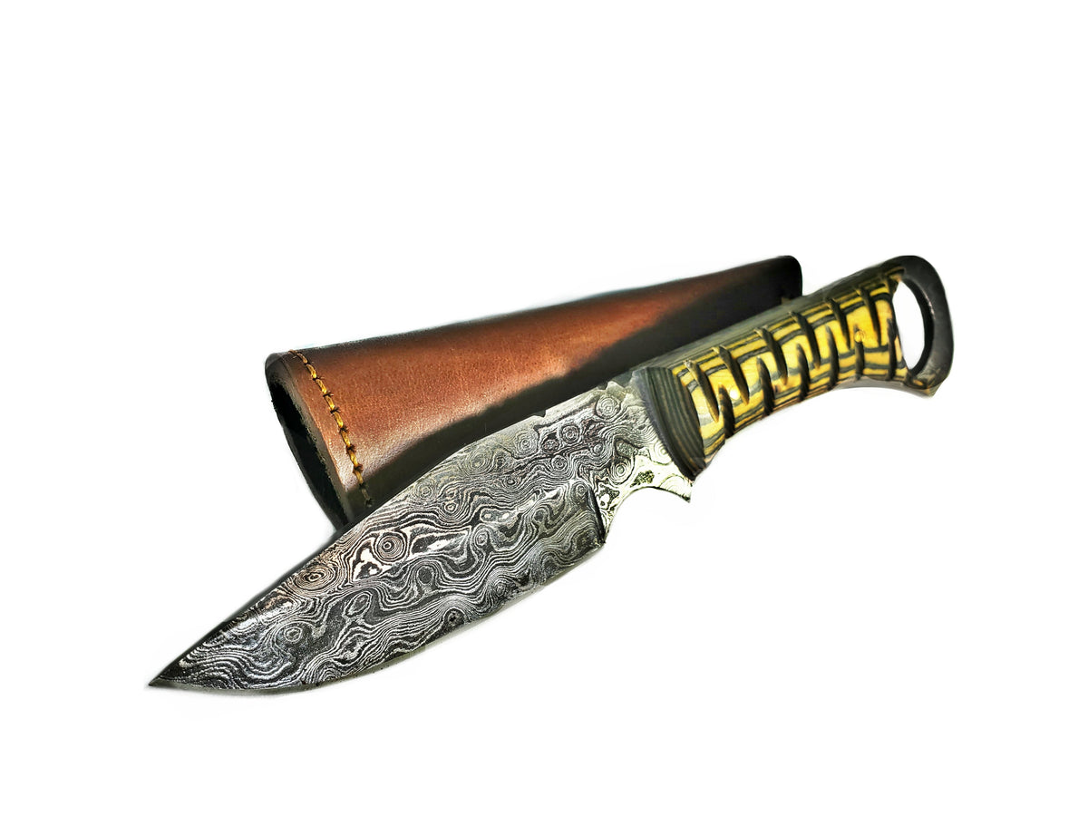 Damascus steel fixed blade knife TD-114 with yellow-black handle and leather sheath on Tampa Home & Garden Store