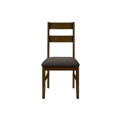 Dining chair upholstered in charcoal gray fabric with brown wooden frame and ladder back on Tampa Home & Garden Store