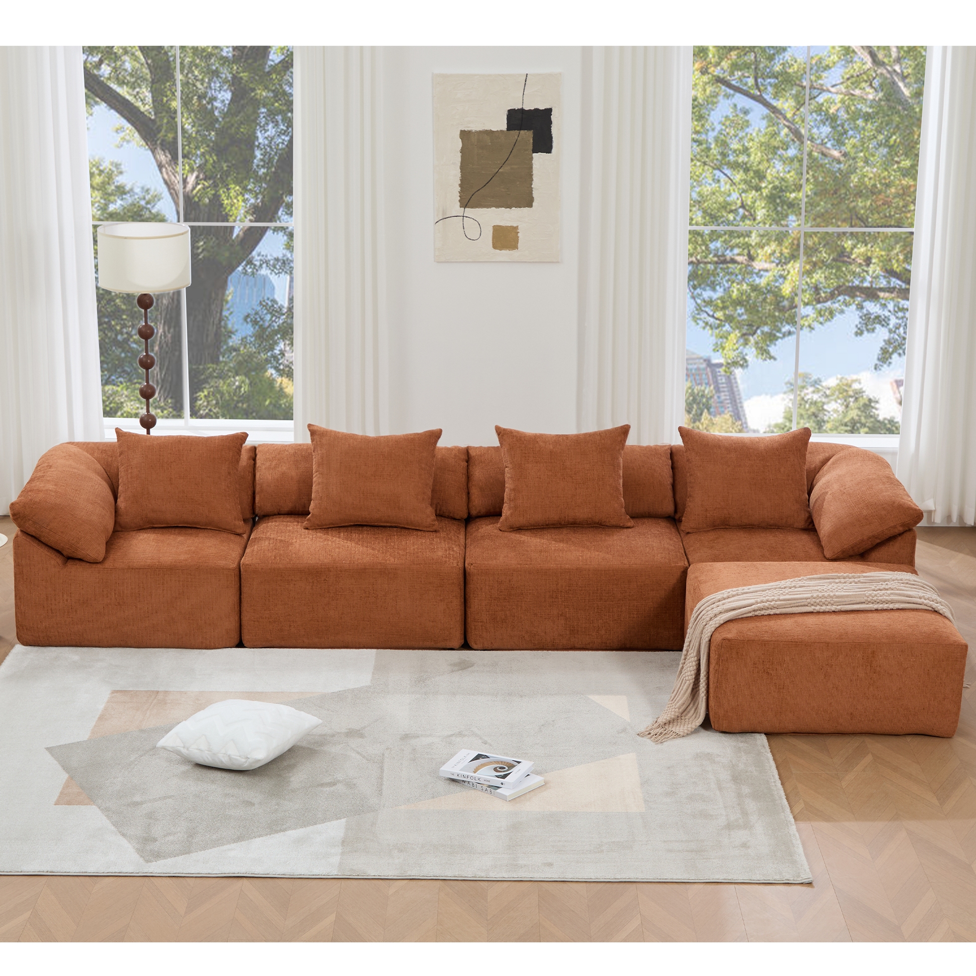 142-inch L-shape Modular Sectional Sofa burnt orange fabric with plush cushions by HouseOfZazla on Tampa Home & Garden Store