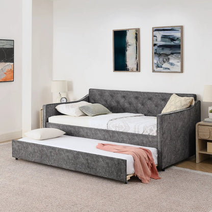 Daybed with pop-up trundle and USB charging armrest in dark grey fabric, white bedding on Tampa Home & Garden Store