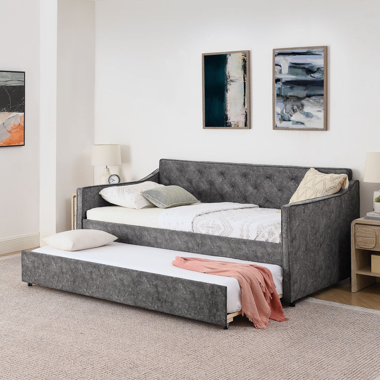 Daybed with Trundle and USB Charging Armrest