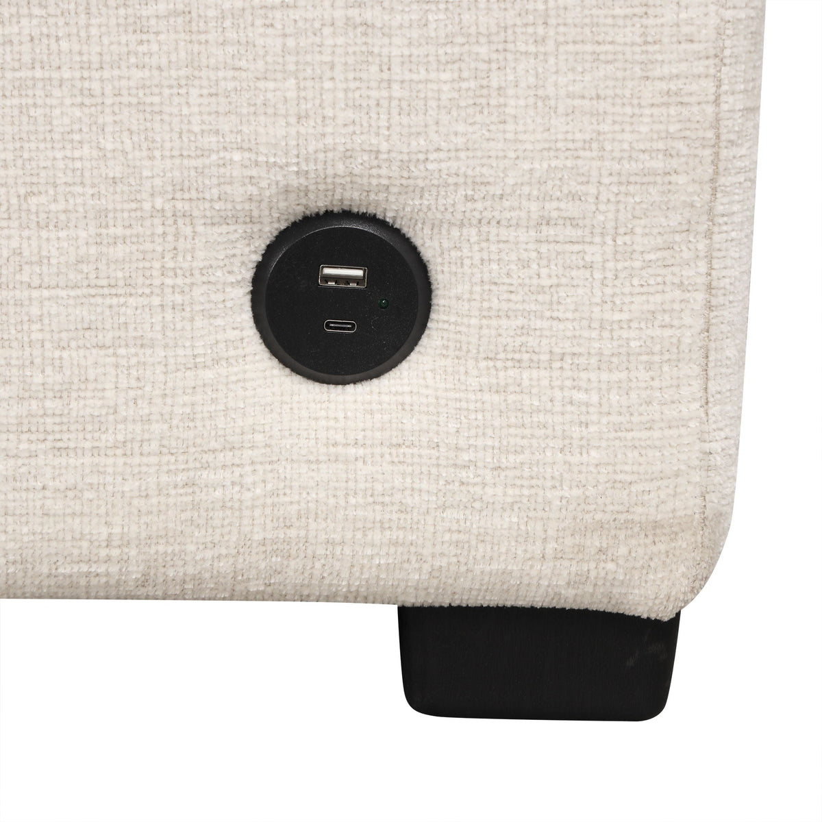Beige sleeper chair USB port panel with two USB ports on black circular bezel on Tampa Home & Garden Store